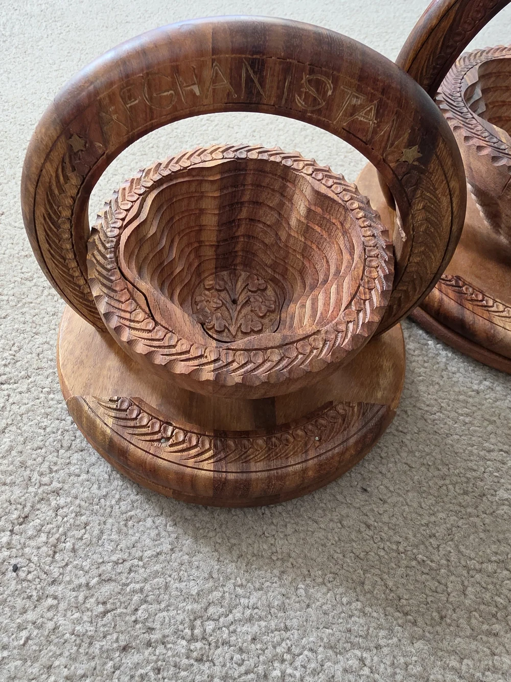 Set Of 2 Vtg Hand-Carved Wooden Collapsible Baskets/ Trivets